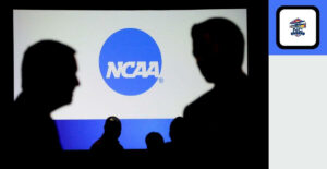 NCAA logo and silhouette of men talking signifies new proposal to institutionalize NIL deals