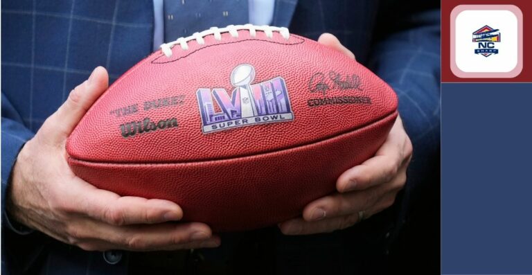 A football with Super Bowl 58 logo. These are the ways to bet legally on the Super Bowl in NC.