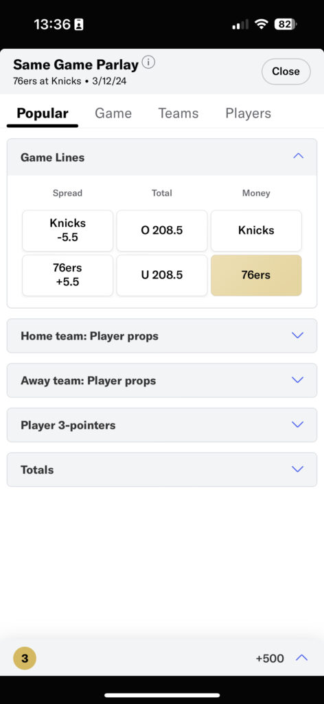 BetMGM Sportsbook app same-game-parlay screenshot