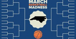 A March Madness bracket with North Carolina state outline at center, signifying an NC colleges guide to March Madness